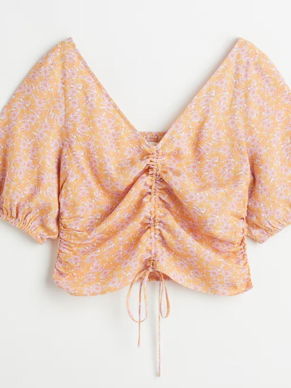 H&M Pink Yellow Cottagecore Floral Print Smocked Peasant Style Crop Top L NWT